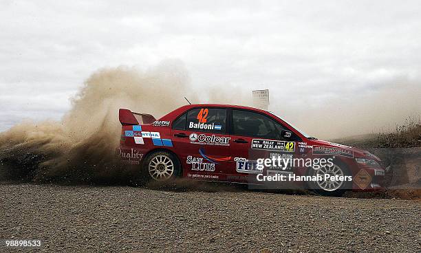 Miguel Angel Baldoni of Argentina and co-driver Jose Diaz drive their Mitsubishi Lancer EVO IX during stage 4 of the WRC Rally of New Zealand at...