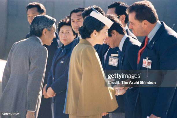 Crown Prince Akihito and Crown Princess Michiko are seen on departure for New York at the Joint base Andrews on October 8, 1987 in Joint Base...