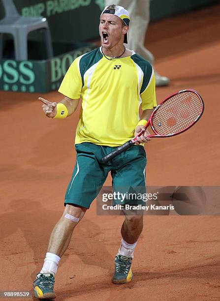 Lleyton Hewitt of Australia celebrates victory after his match against Tatsuma Ito of Japan during the match between Australia and Japan on day one...