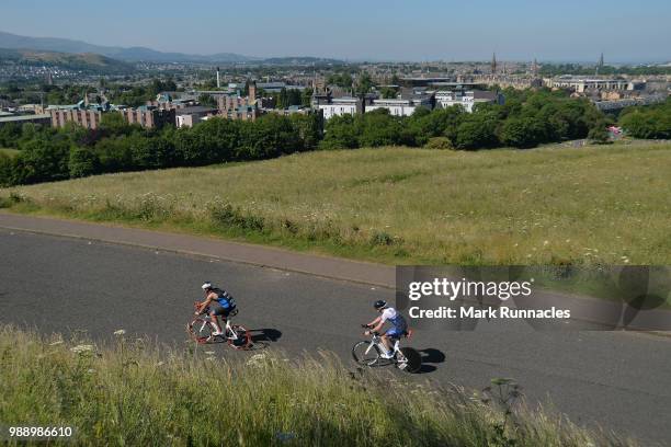 Athletes compete in bike leg inside Holyrood Park during the IRONMAN 70.3 Edinburgh Triathlon on July 1, 2018 in Edinburgh, Scotland.