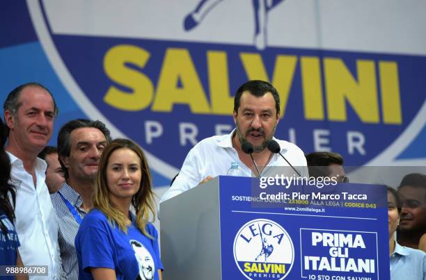 Matteo Salvini, Minister of Interior during his speech at the Lega Nord Meeting on July 1, 2018 in Pontida, Bergamo, Italy.The annual meeting of the...