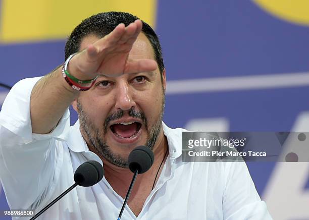 Matteo Salvini, Minister of Interior during his speech at the Lega Nord Meeting on July 1, 2018 in Pontida, Bergamo, Italy.The annual meeting of the...