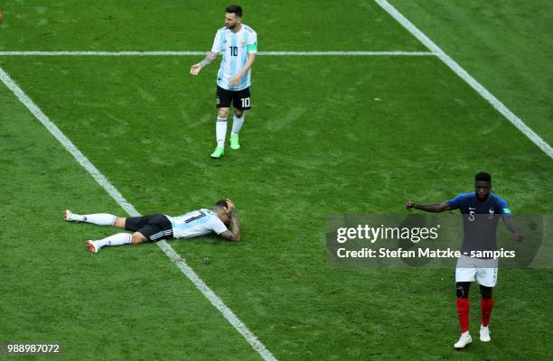 Lionel MESSI of Argentina Nicolas OTAMENDI of Argentina during the 2018 FIFA World Cup Russia Round of 16 match between France and Argentina at Kazan...