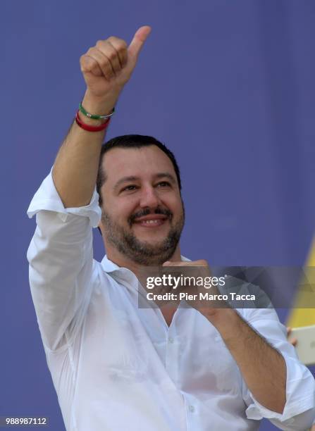 Matteo Salvini, Minister of Interior during his speech at the Lega Nord Meeting on July 1, 2018 in Pontida, Bergamo, Italy.The annual meeting of the...