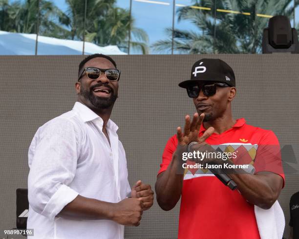 Irie and Jamie Foxx on stage at the Sprint IWXIV BBQ Beach Bash and Concert during Irie Weekend 2018 at the Fontainebleau Miami Beach on June 30,...