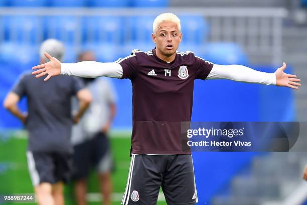 Javier Hernandez of Mexico, reacts during a training at Samara Arena ahead of the Round of Sixteen match against Brazil on July 1, 2018 in Samara,...