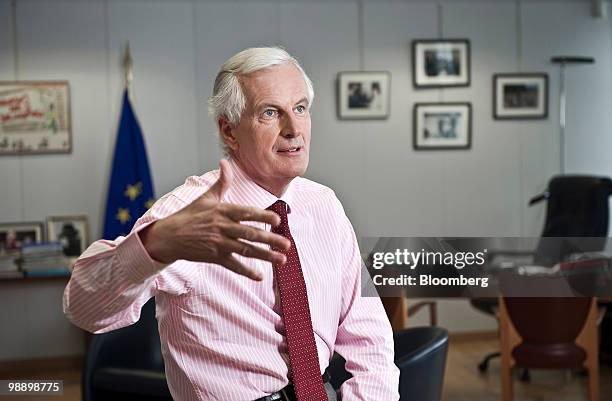 Michel Barnier, European Union internal market commissioner, gestures during an interview in his office at the EU commission headquarters in...