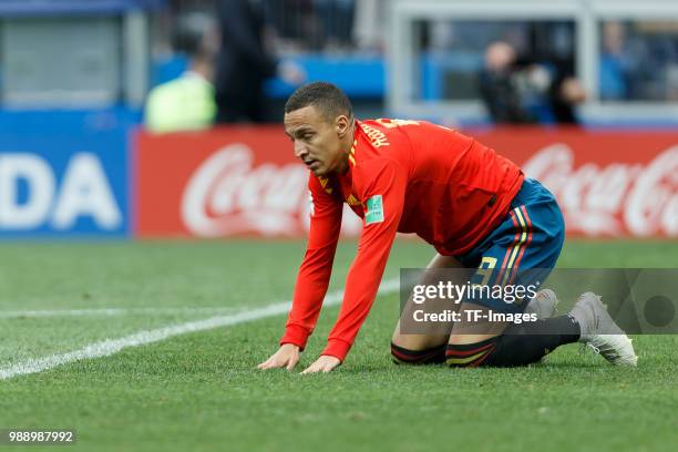 Rodrigo of Spain on the ground during the 2018 FIFA World Cup Russia match between Spain and Russia at Luzhniki Stadium on July 01, 2018 in Moscow,...