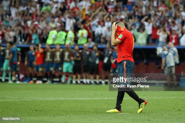 Koke of Spain looks dejected following missing his team's third penalty in the penalty shoot out during the 2018 FIFA World Cup Russia Round of 16...