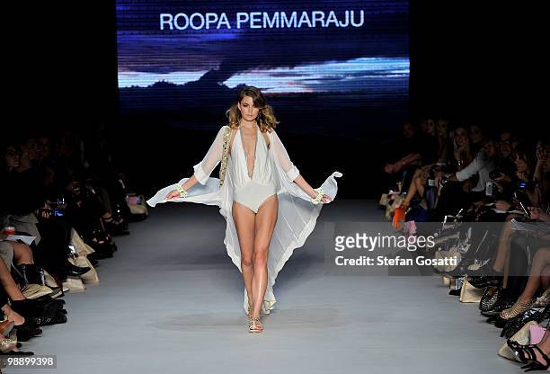 Model showcases designs on the catwalk by Roopa Pemmaraju during the Swimwear Fashion Week At RAFW collection show on the fifth and final day of...