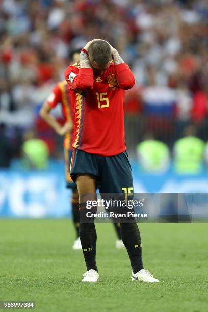 Sergio Ramos of Spain looks dejected following his sides defeat in the 2018 FIFA World Cup Russia Round of 16 match between Spain and Russia at...