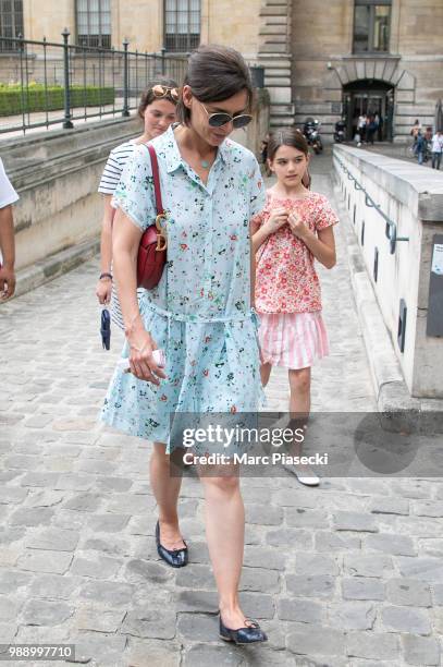 Actress Katie Holmes and daughter Suri Cruise are seen leaving the Louvre Museum on July 1, 2018 in Paris, France.