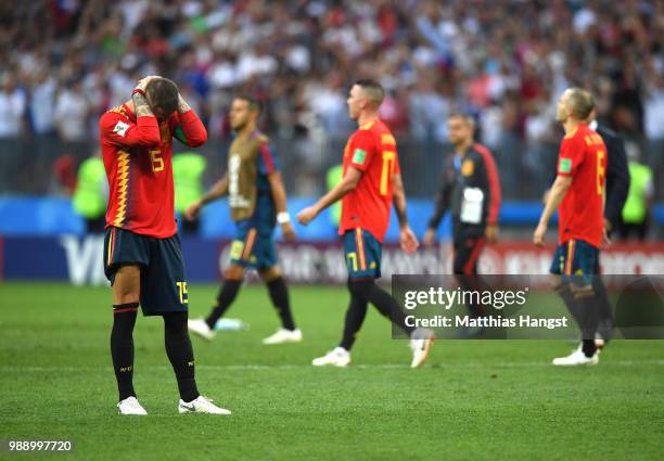 Sergio Ramos of Spain looks dejected following the 2018 FIFA World Cup Russia Round of 16 match between Spain and Russia at Luzhniki Stadium on July...