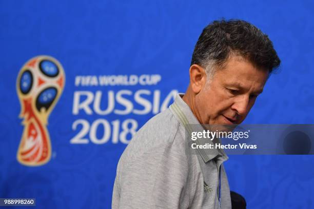 Juan Carlos Osorio, coach of Mexico, looks on during a press conference at Samara Arena ahead of the Round of Sixteen match against Brazil on July 1,...