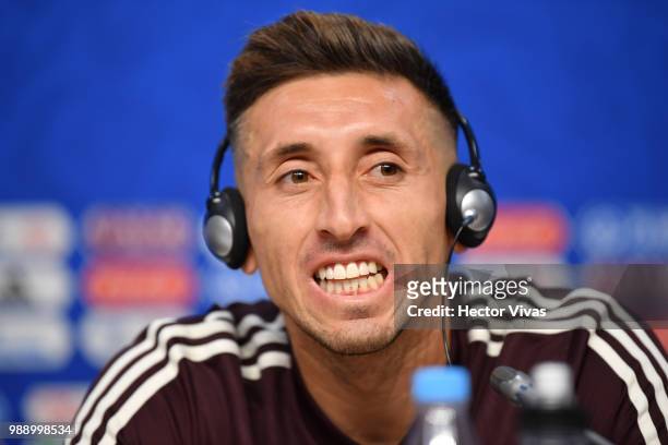 Hector Herrera of Mexico, gestures during a press conference at Samara Arena ahead of the Round of Sixteen match against Brazil on July 1, 2018 in...