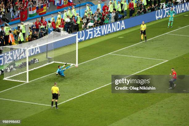 Igor Akinfeev of Russia saves the fifth penalty from Iago Aspas of Spain in the penalty shoot out during the 2018 FIFA World Cup Russia Round of 16...