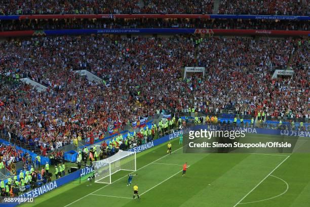 General view of the Luzhniki Stadium as Russia goalkeeper Igor Akinfeev celebrates saving the penalty of Iago Aspas of Spain and wins Russia the...