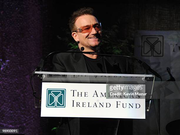 Bono of U2 speaks at the American Ireland Fund Gala at the Tent at Lincoln Center for the Performing Arts on May 6, 2010 in New York City.