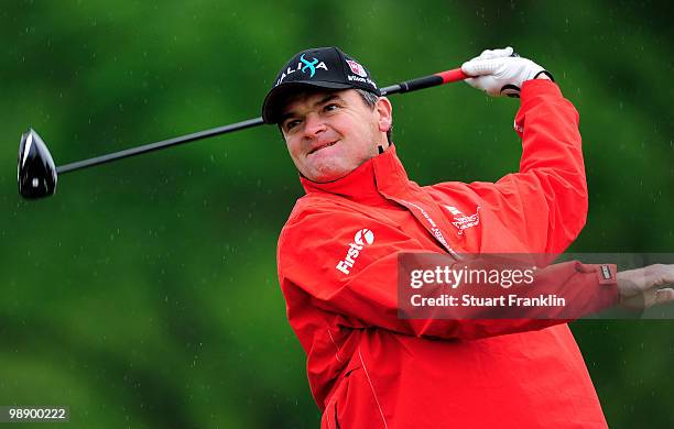 Paul Lawrie of Scotland plays his tee shot on the 16th hole during the second round of the BMW Italian Open at Royal Park I Roveri on May 7, 2010 in...