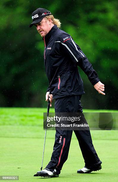 Miguel Angel Jimenez of Spain reacts to his putt on the 13th hole during the second round of the BMW Italian Open at Royal Park I Roveri on May 7,...