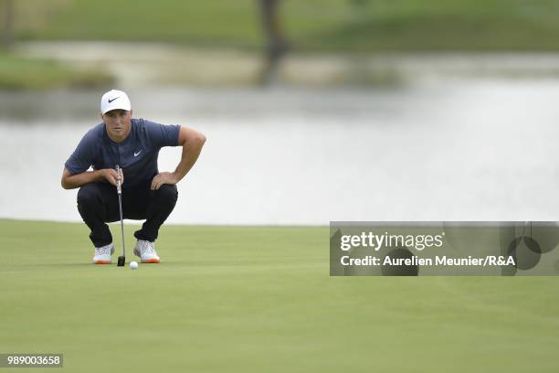 Alex Noren of Sweden reacts during The Open Qualifying Series part of the HNA Open de France at Le Golf National on July 1, 2018 in Paris, France.