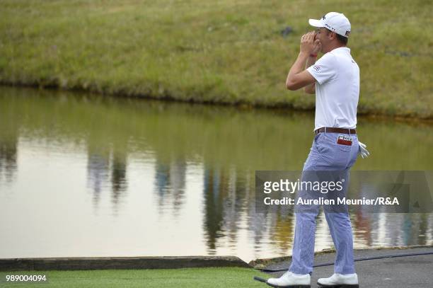 Justin Thomas of The United States of America reacts during The Open Qualifying Series part of the HNA Open de France at Le Golf National on July 1,...
