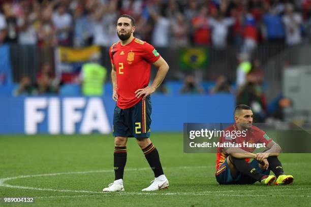 Dani Carvajal of Spain looks dejected following the 2018 FIFA World Cup Russia Round of 16 match between Spain and Russia at Luzhniki Stadium on July...