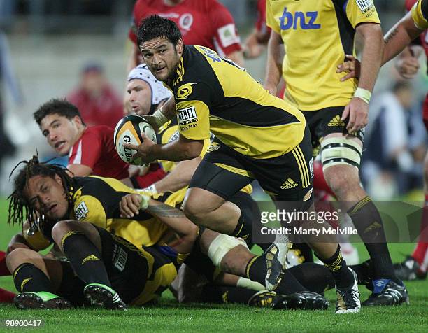 Piri Weepu of the Hurricanes passes out the scrum ball during the round 13 Super 14 match between the Hurricanes and the Reds at Westpac Stadium on...