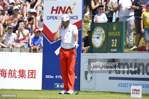 Sergio Garcia of Spain reacts during The Open Qualifying Series part of the HNA Open de France at Le Golf National on July 1, 2018 in Paris, France.