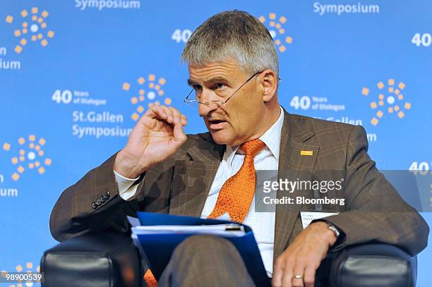 Juergen Hambrecht, chief executive officer of BASF SE, speaks at the St.Gallen symposium in St. Gallen, Switzerland, on Thursday, May 6, 2010....