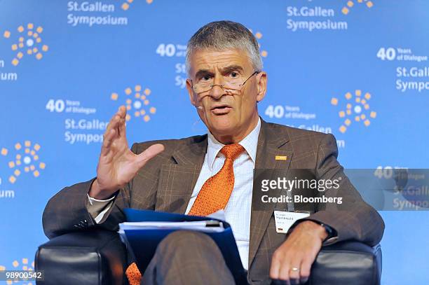 Juergen Hambrecht, chief executive officer of BASF SE, speaks at the St.Gallen symposium in St. Gallen, Switzerland, on Thursday, May 6, 2010....