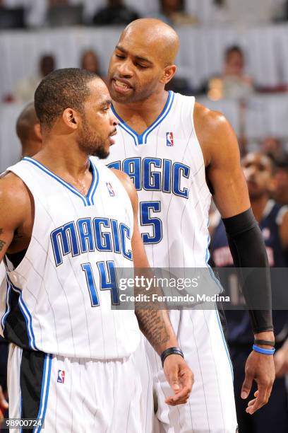 Vince Carter reacts after Jameer Nelson of the Orlando Magic sank a three point shot against the Atlanta Hawks in Game Two of the Eastern Conference...