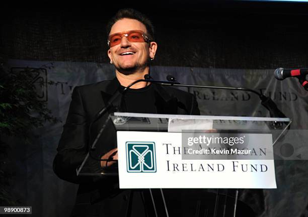 Bono of U2 speaks at the American Ireland Fund Gala at the Tent at Lincoln Center for the Performing Arts on May 6, 2010 in New York City.