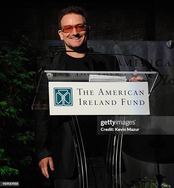 Bono of U2 speaks at the American Ireland Fund Gala at the Tent at Lincoln Center for the Performing Arts on May 6, 2010 in New York City.