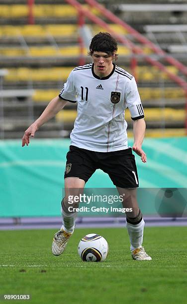 Daniel Ginczek of Germany in action during the U19 international friendly match between Germany and Czech Republic at the Erzgebirgsstadium on May 5,...