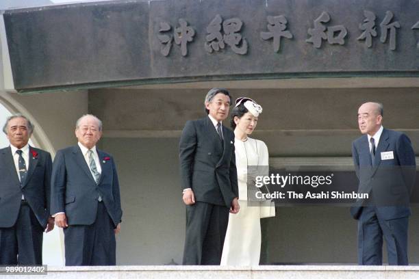 Crown Prince Akihito and Crown Princess Michiko are seen in front of the Peace Memorial Hall at Okinawa Peace Memorial Park on October 24, 1987 in...