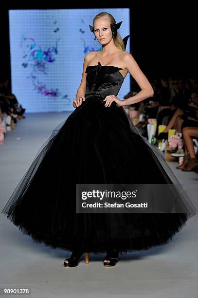 Model showcases designs on the catwalk by Khrysalis during the New Generation collection show on the fifth and final day of Rosemount Australian...