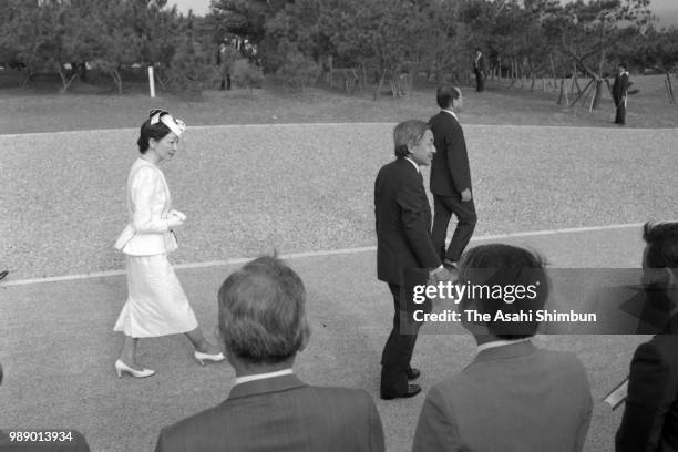 Crown Prince Akihito and Crown Princess Michiko are seen on arrival at the memorial to commemorate the victims of the Battle of Okinawa at Okinawa...