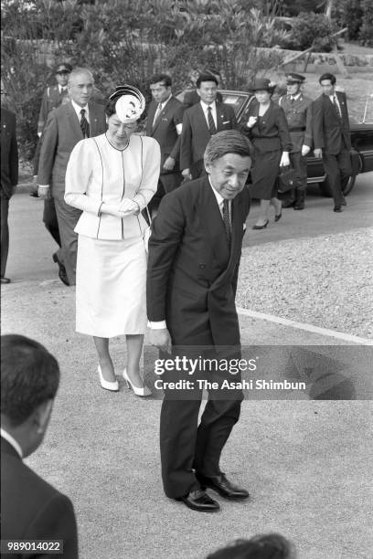 Crown Prince Akihito and Crown Princess Michiko are seen on arrival at the memorial to commemorate the victims of the Battle of Okinawa at Okinawa...