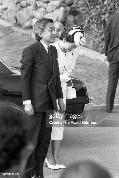 Crown Prince Akihito and Crown Princess Michiko are seen on arrival at the memorial to commemorate the victims of the Battle of Okinawa at Okinawa...