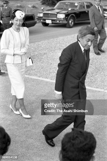 Crown Prince Akihito and Crown Princess Michiko are seen on arrival at the memorial to commemorate the victims of the Battle of Okinawa at Okinawa...