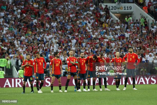 Spain players line up during the penalty shoot out during the 2018 FIFA World Cup Russia Round of 16 match between Spain and Russia at Luzhniki...