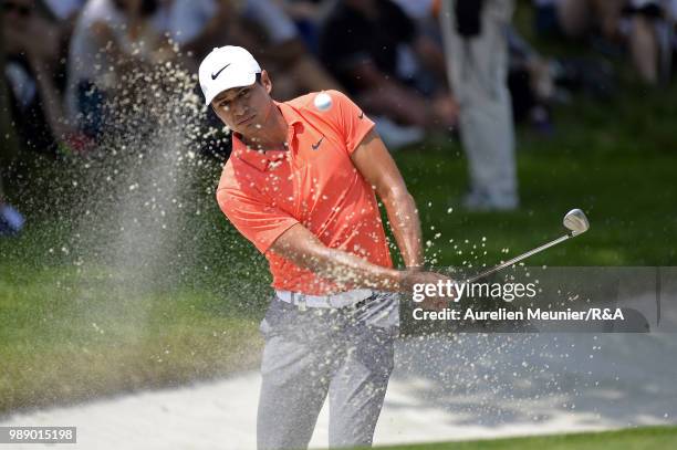 Julian Siri of The United States of America swings out of the bunker during The Open Qualifying Series part of the HNA Open de France at Le Golf...