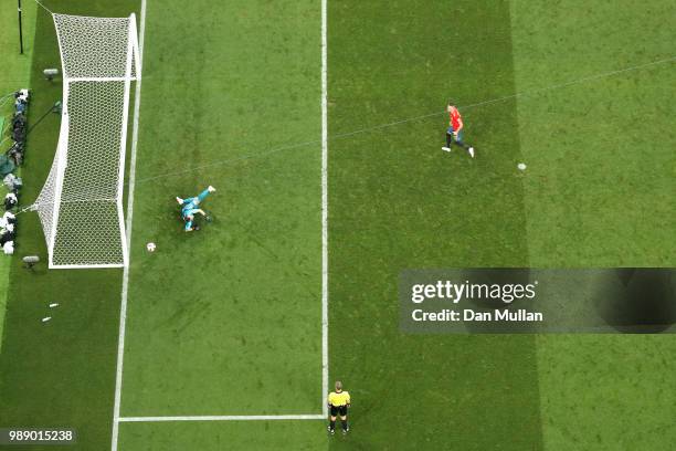 Iago Aspas of Spain misses his team's fifth penalty, saved by Igor Akinfeev of Russia, in the penalty shoot out during the 2018 FIFA World Cup Russia...