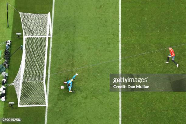 Iago Aspas of Spain misses his team's fifth penalty, saved by Igor Akinfeev of Russia, in the penalty shoot out during the 2018 FIFA World Cup Russia...