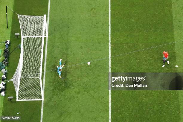 Iago Aspas of Spain misses his team's fifth penalty, saved by Igor Akinfeev of Russia, in the penalty shoot out during the 2018 FIFA World Cup Russia...