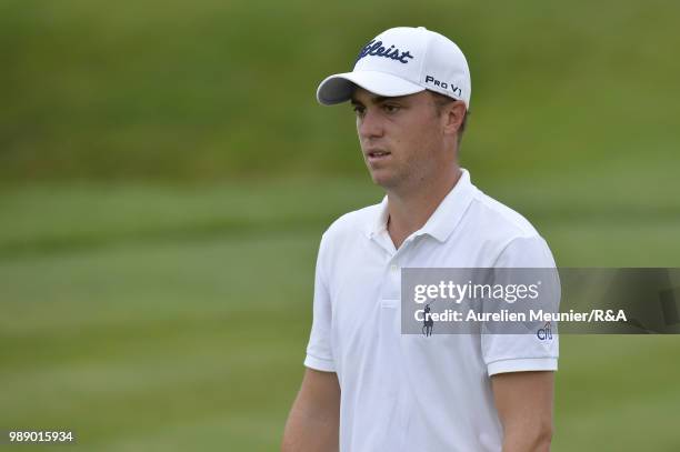 Justin Thomas of The United States of America reacts during The Open Qualifying Series part of the HNA Open de France at Le Golf National on July 1,...