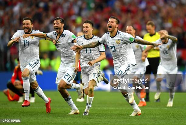 Russia player celebrates victory following the 2018 FIFA World Cup Russia Round of 16 match between Spain and Russia at Luzhniki Stadium on July 1,...