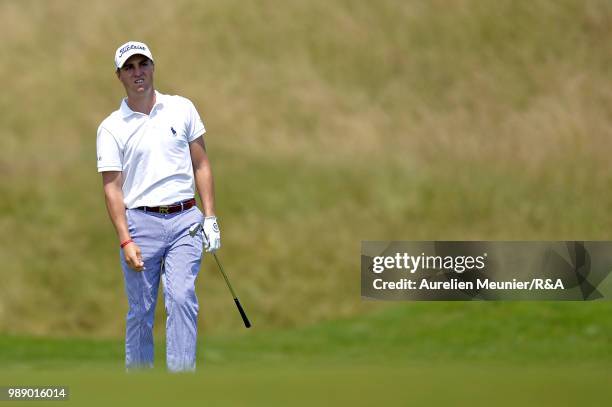 Justin Thomas of The United States of America reacts during The Open Qualifying Series part of the HNA Open de France at Le Golf National on July 1,...