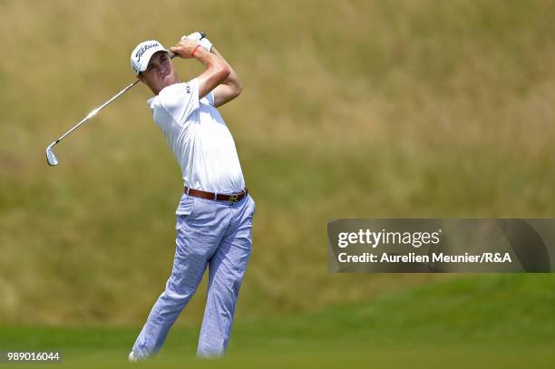 Justin Thomas of The United States of America swings during The Open Qualifying Series part of the HNA Open de France at Le Golf National on July 1,...